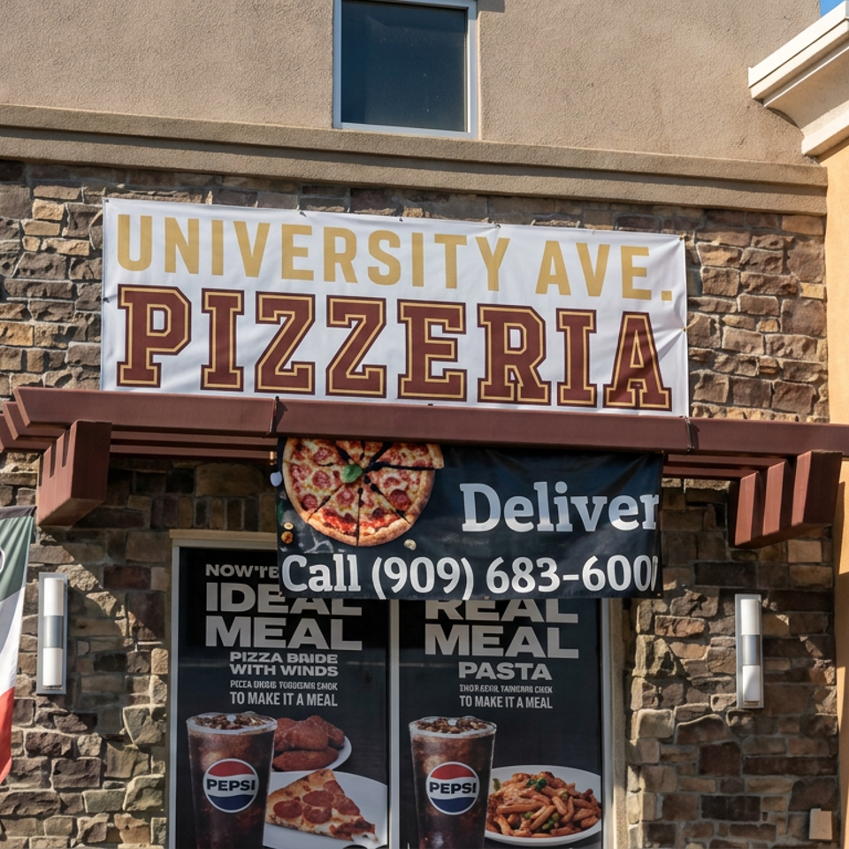 University Avenue Pizzeria storefront with pizza signage, delivery banner, and meal advertisements.