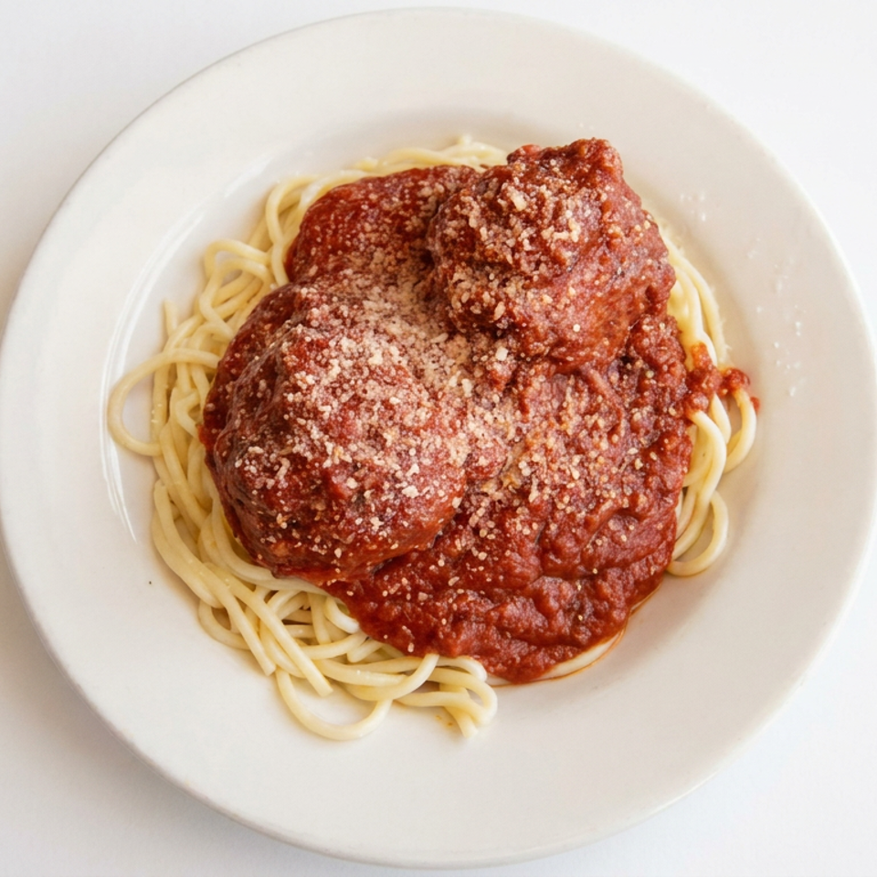 Spaghetti topped with tomato sauce, three meatballs, and grated Parmesan on a white plate.